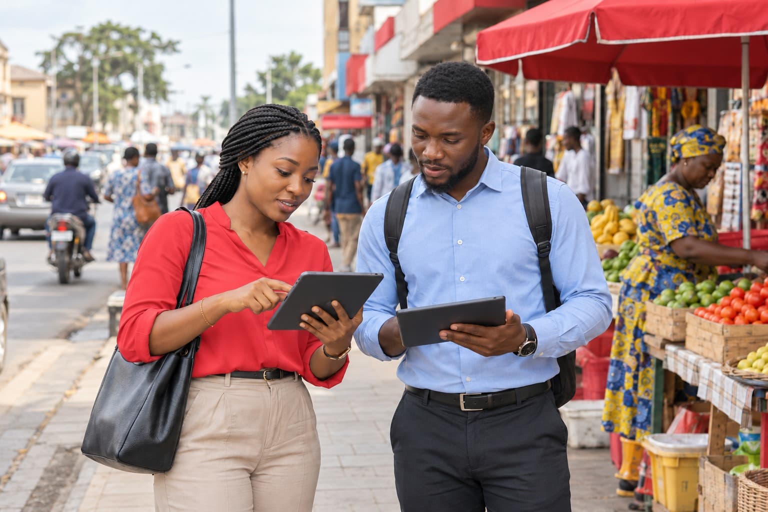 Illustrative field researchers reviewing market information