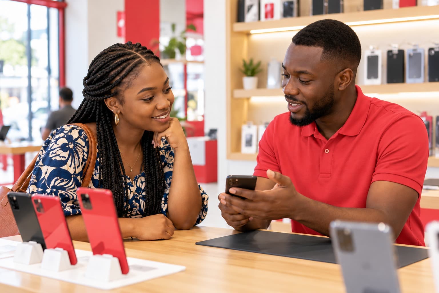 Illustrative customer and representative discussing a mobile service