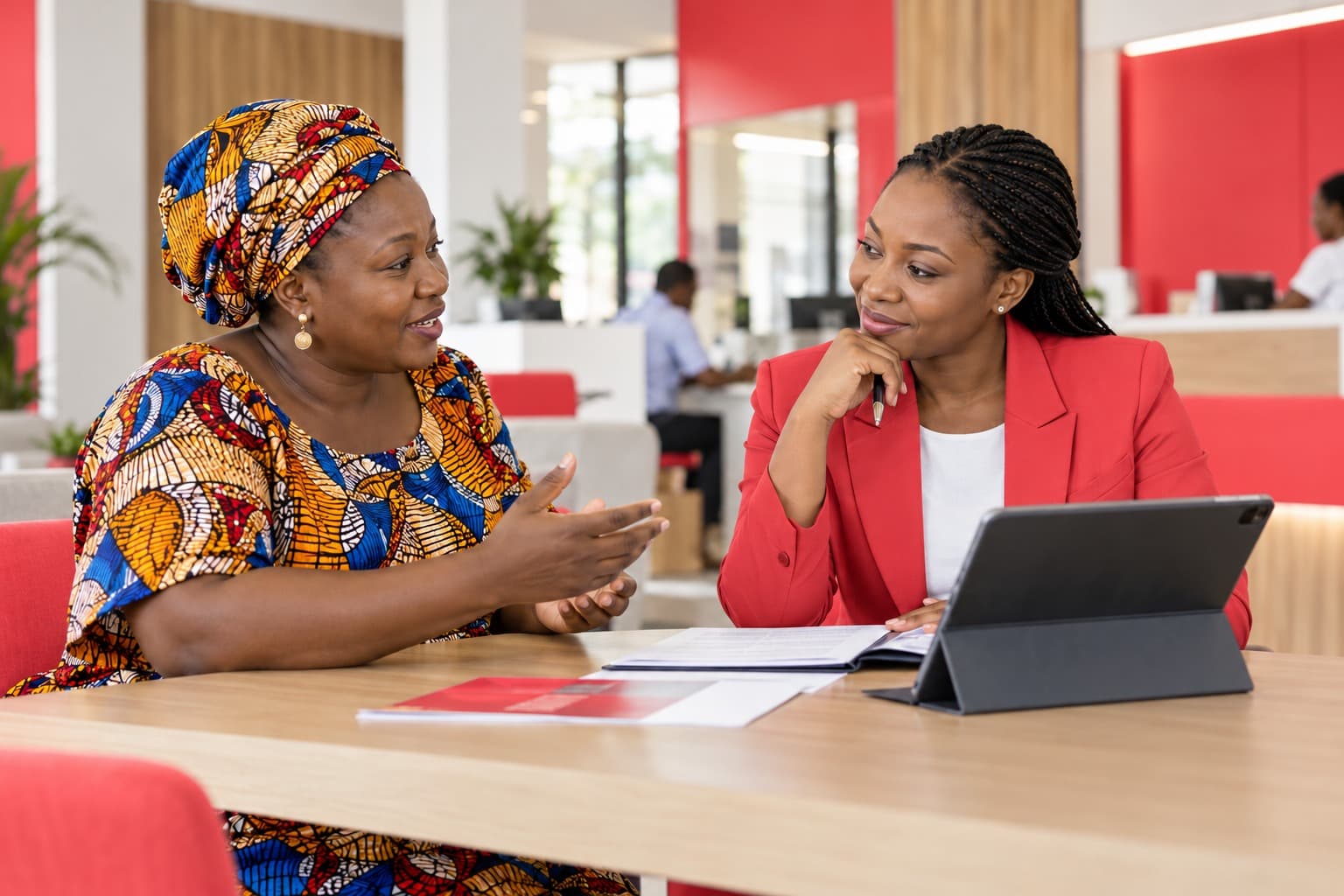 Illustrative financial adviser discussing a business decision with a client