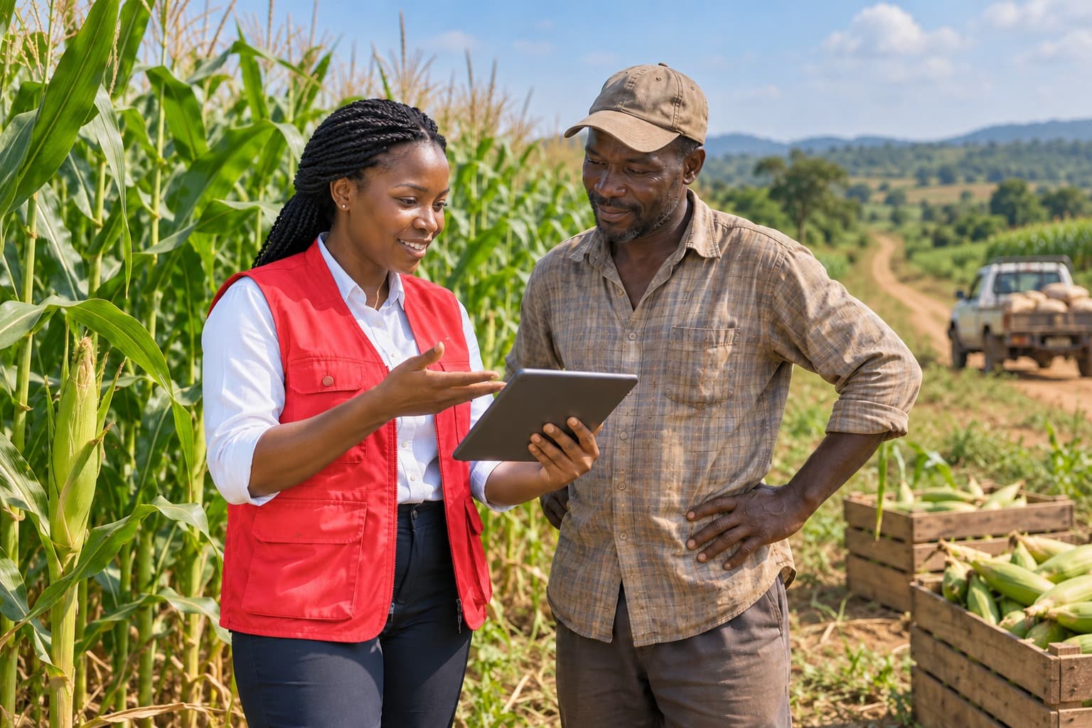 Illustrative researcher discussing farm data with a grower